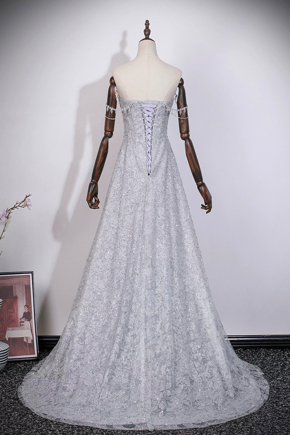 Gray Glitter Detachable Overskirt Prom Dress | Luxury Evening Gown