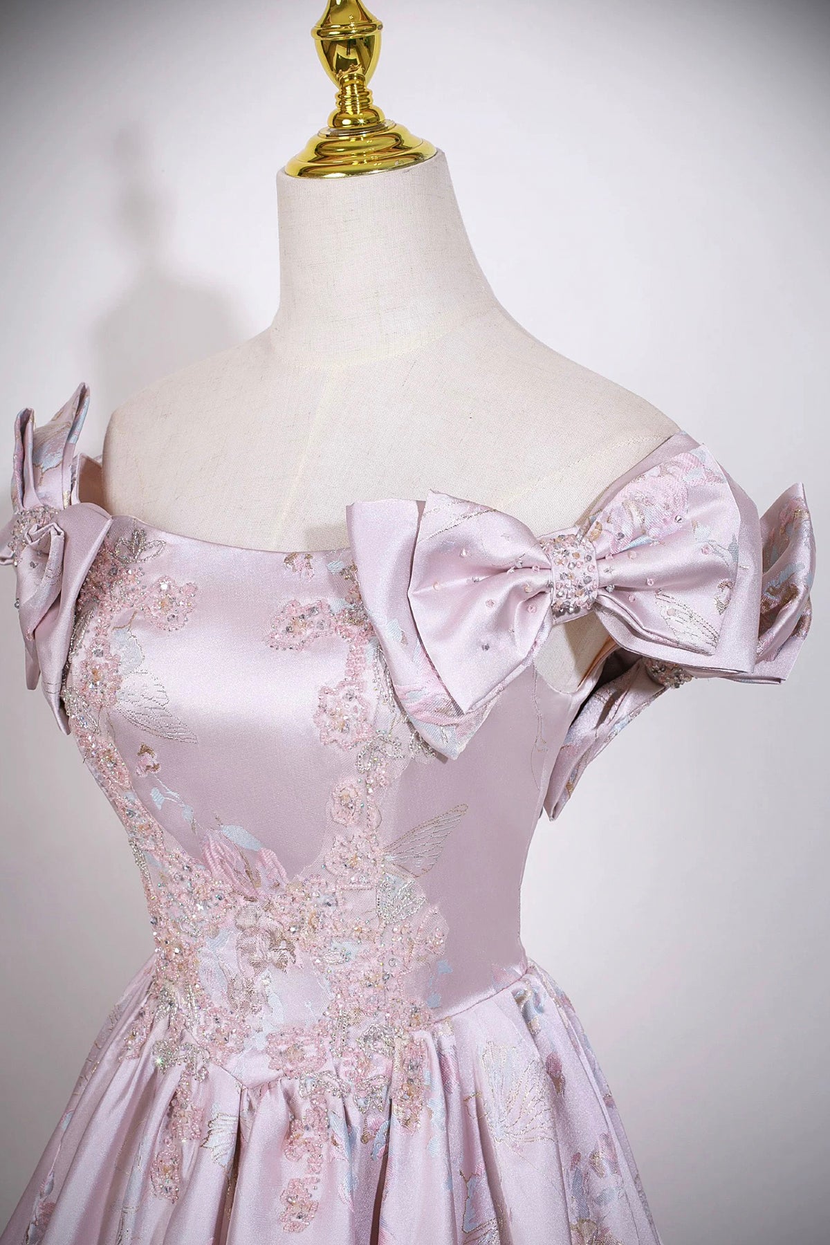 Pink Floral Satin Off‑Shoulder Prom Dress | Luxury Evening Gown