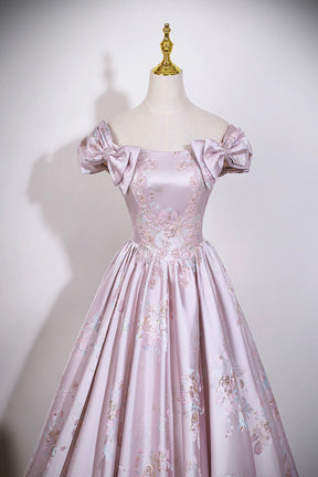 Pink Floral Satin Off‑Shoulder Prom Dress | Luxury Evening Gown