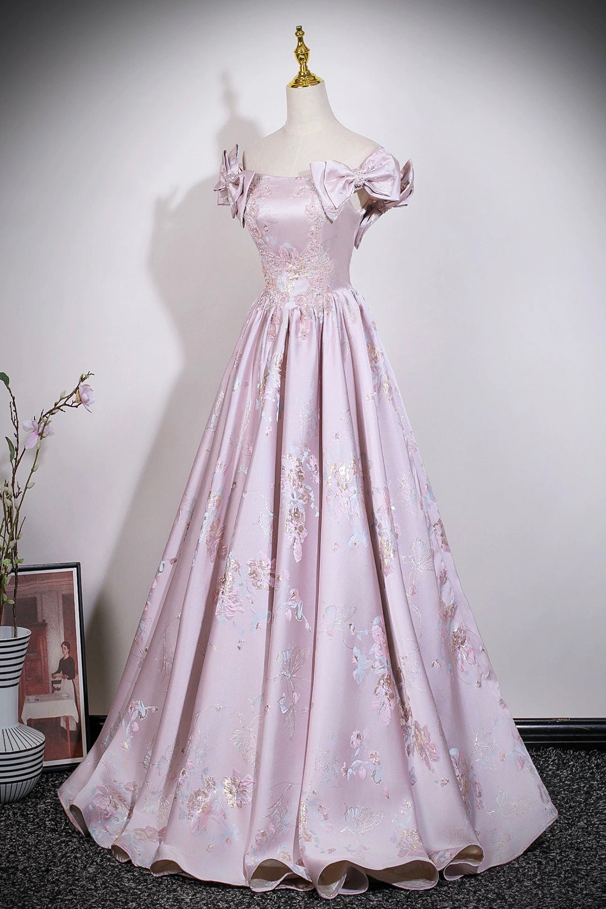 Pink Floral Satin Off‑Shoulder Prom Dress | Luxury Evening Gown