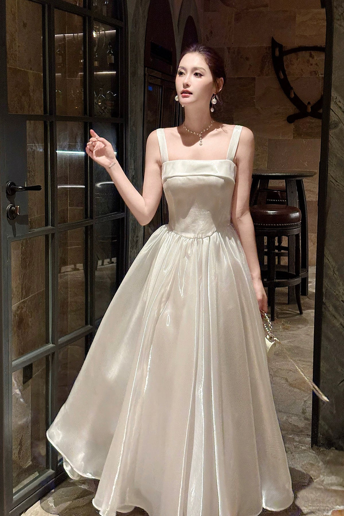White Tulle Square Neck Prom Evening Gown with Bow Shoulder Straps