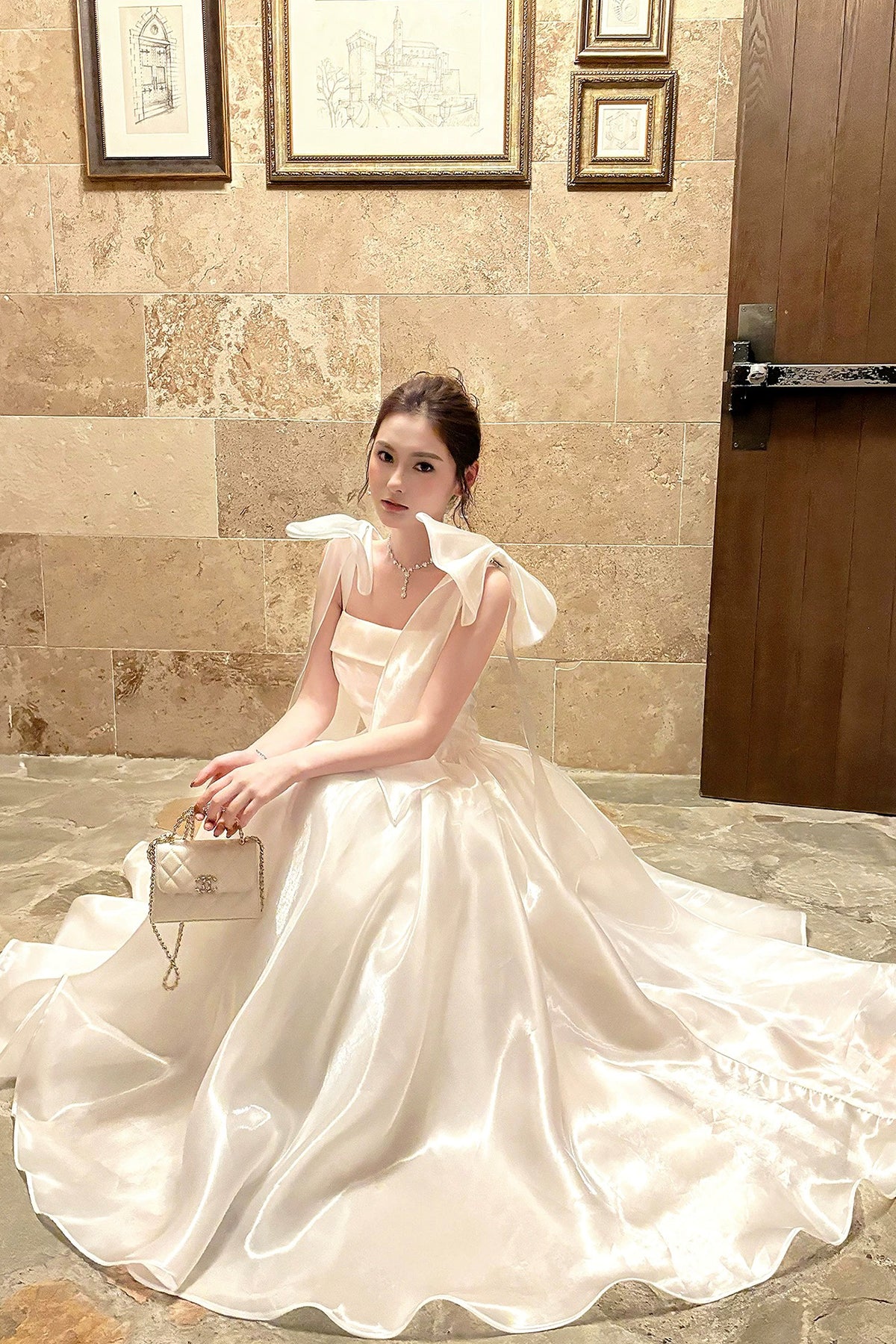 White Tulle Square Neck Prom Evening Gown with Bow Shoulder Straps