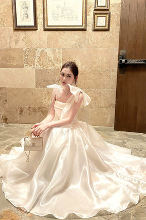 White Tulle Square Neck Prom Evening Gown with Bow Shoulder Straps