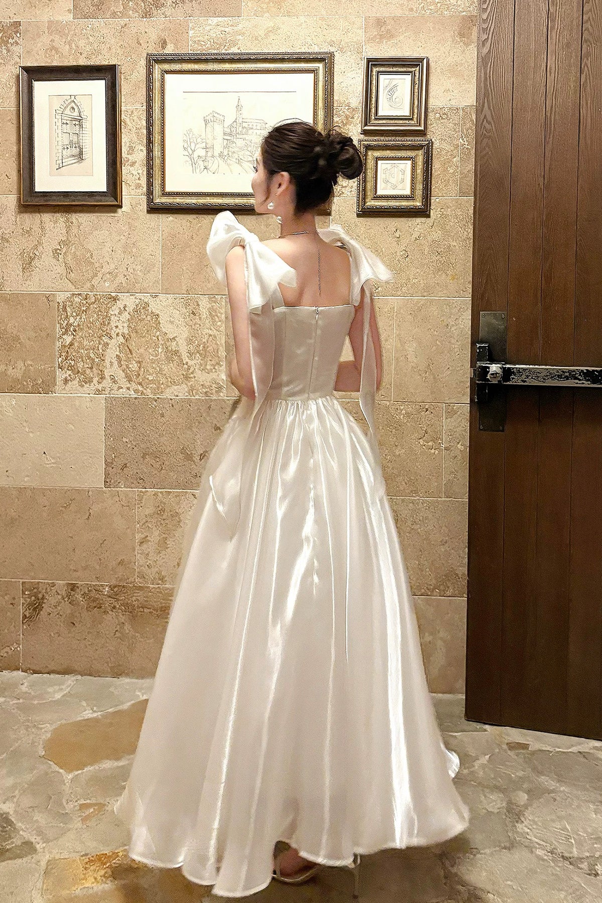 White Tulle Square Neck Prom Evening Gown with Bow Shoulder Straps