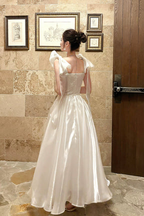 White Tulle Square Neck Prom Evening Gown with Bow Shoulder Straps