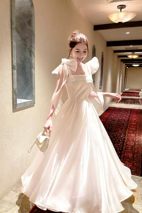 White Tulle Square Neck Prom Evening Gown with Bow Shoulder Straps