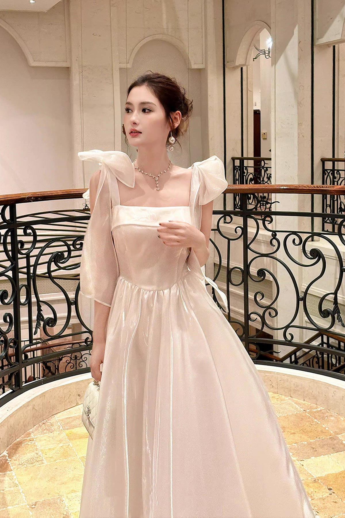 White Tulle Square Neck Prom Evening Gown with Bow Shoulder Straps