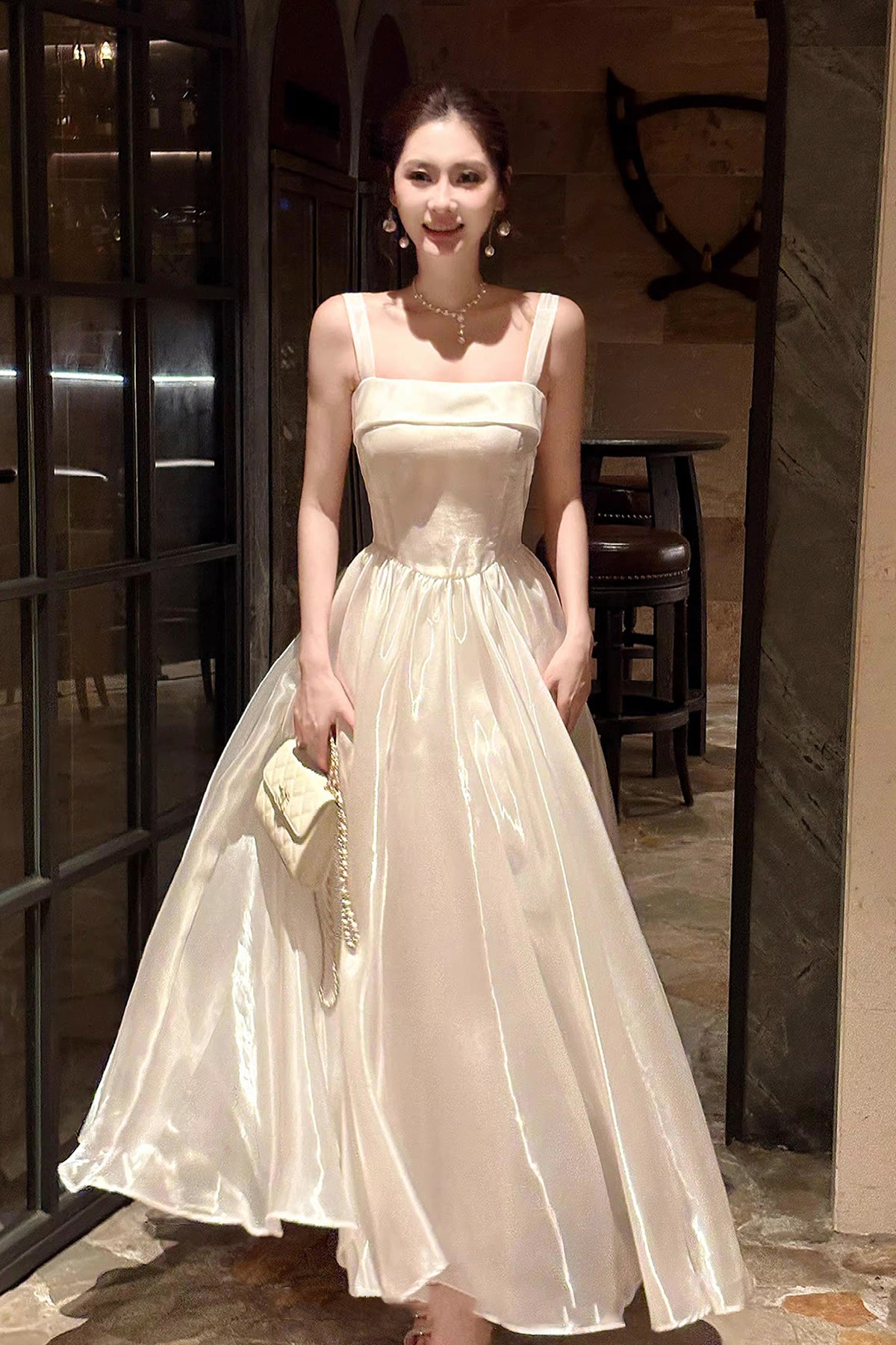 White Tulle Square Neck Prom Evening Gown with Bow Shoulder Straps