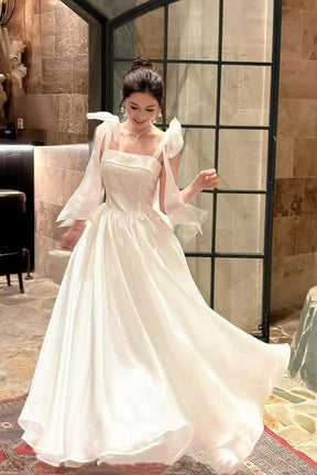 White Tulle Square Neck Prom Evening Gown with Bow Shoulder Straps