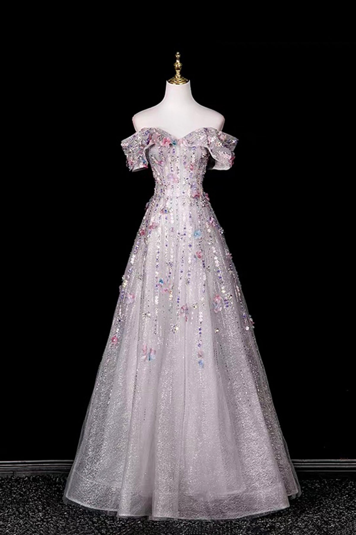 Grey Shimmer 3D Flower Beaded Off-the-Shoulder Formal Party Dress