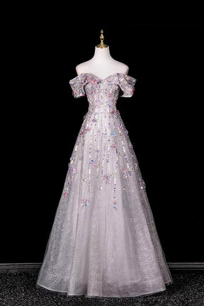 Grey Shimmer 3D Flower Beaded Off-the-Shoulder Formal Party Dress