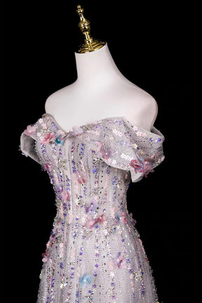 Grey Shimmer 3D Flower Beaded Off-the-Shoulder Formal Party Dress