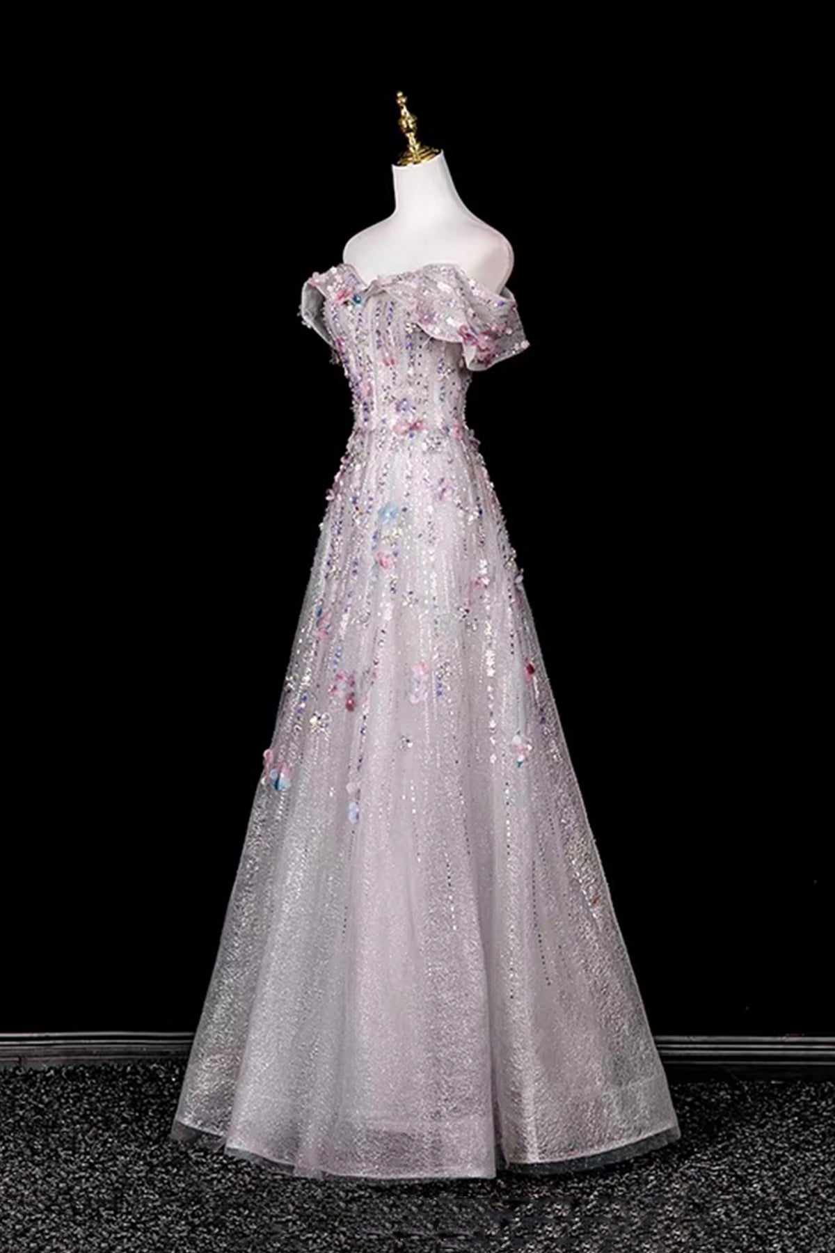 Grey Shimmer 3D Flower Beaded Off-the-Shoulder Formal Party Dress