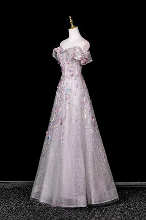 Grey Shimmer 3D Flower Beaded Off-the-Shoulder Formal Party Dress