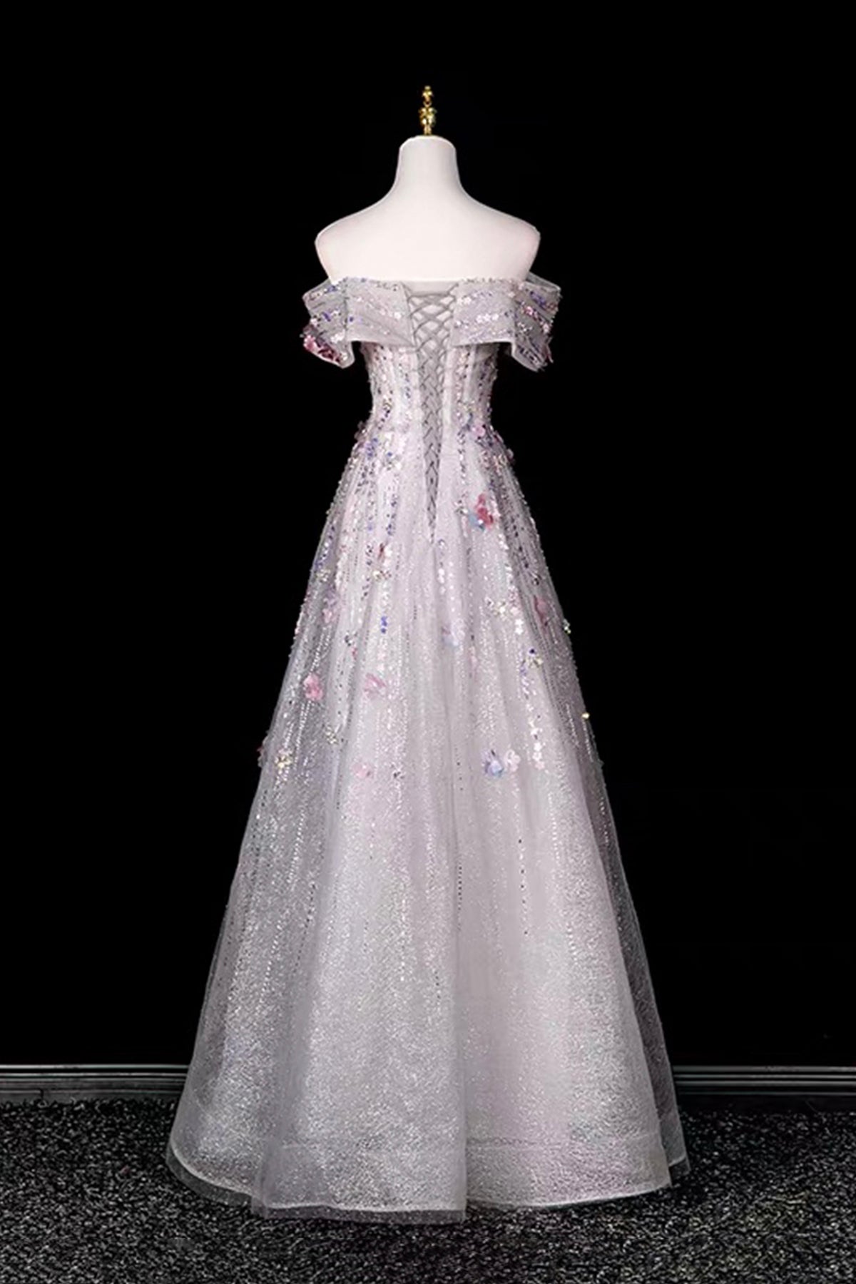 Grey Shimmer 3D Flower Beaded Off-the-Shoulder Formal Party Dress