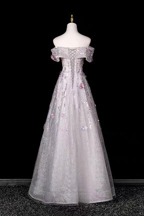 Grey Shimmer 3D Flower Beaded Off-the-Shoulder Formal Party Dress