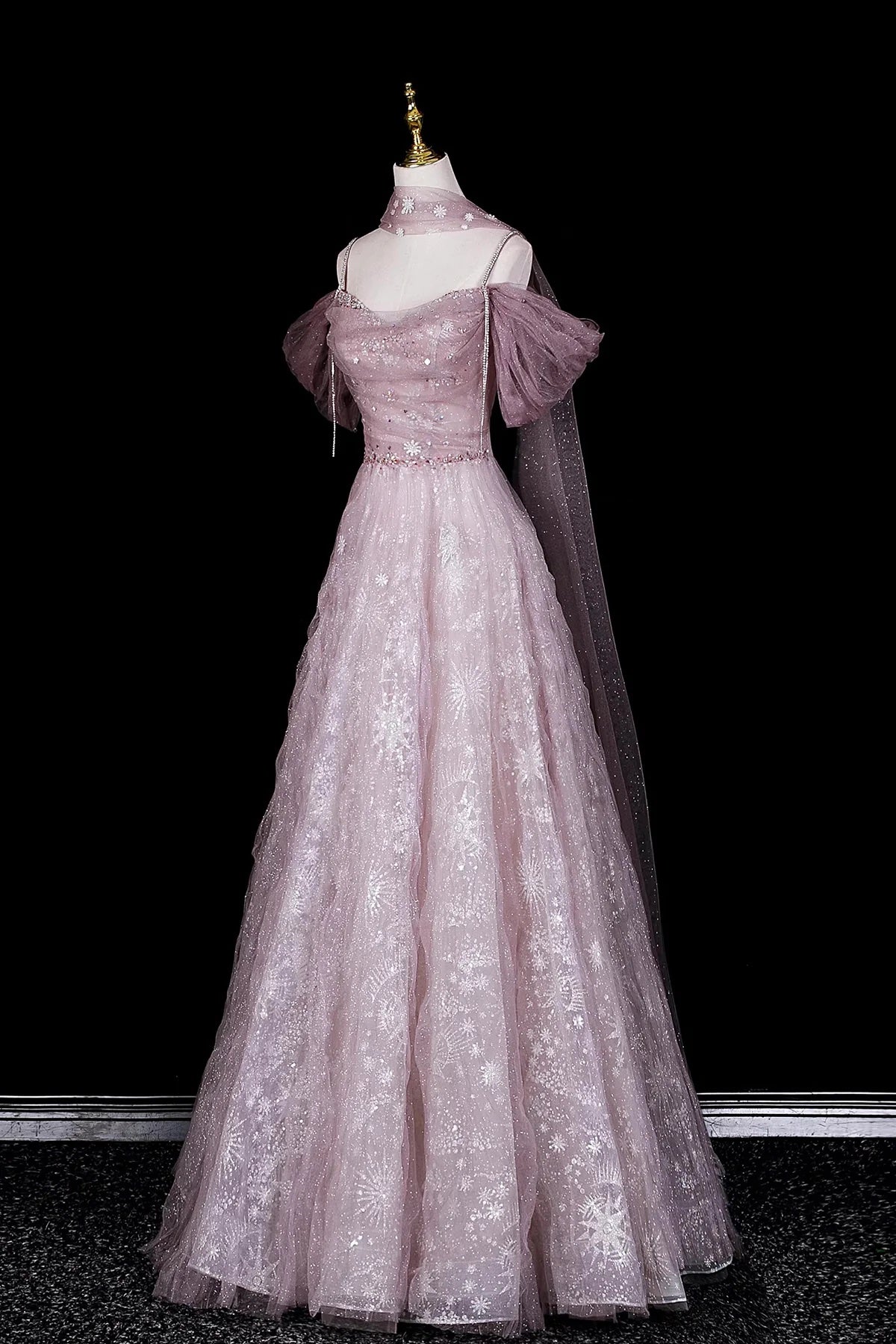 Dusty Pink Off-the-Shoulder Prom Dress, Glitter Tulle Evening Gown with Sheer Cape