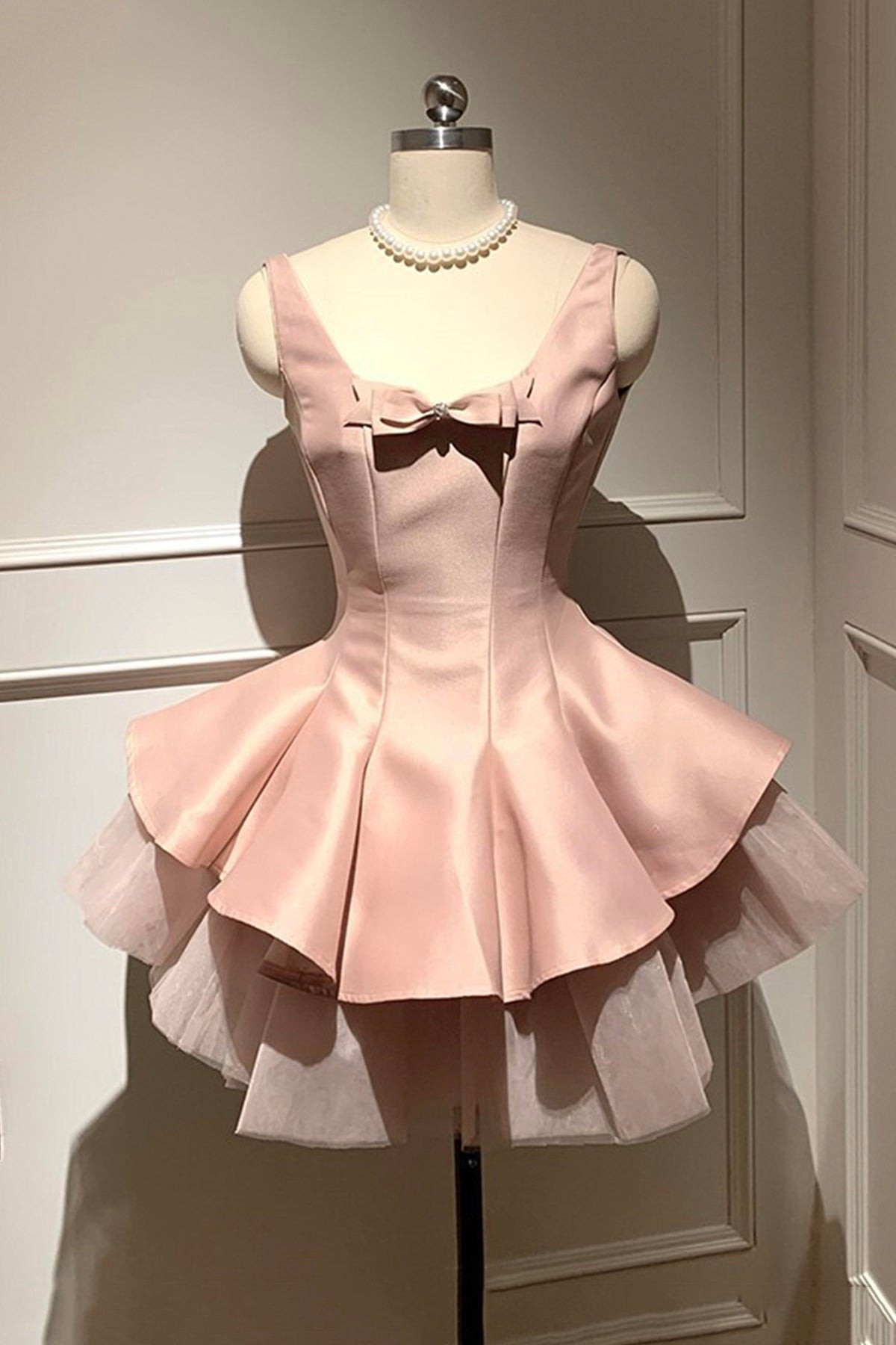 Pink Satin Bow Short Party Dress with Tulle Ruffle Layered Skirt