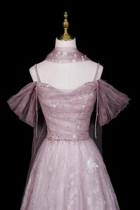 Dusty Pink Off-the-Shoulder Prom Dress, Glitter Tulle Evening Gown with Sheer Cape