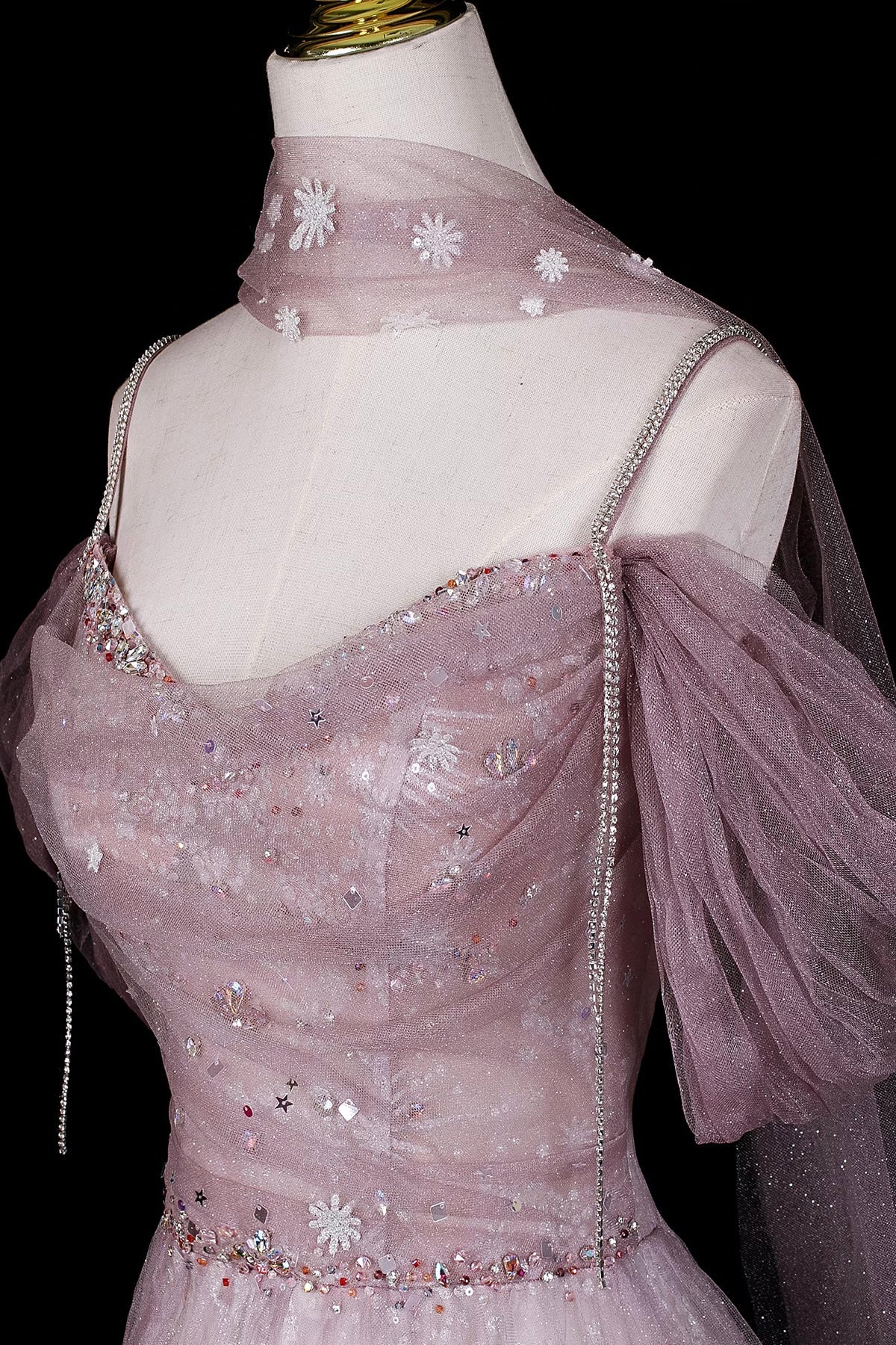 Dusty Pink Off-the-Shoulder Prom Dress, Glitter Tulle Evening Gown with Sheer Cape