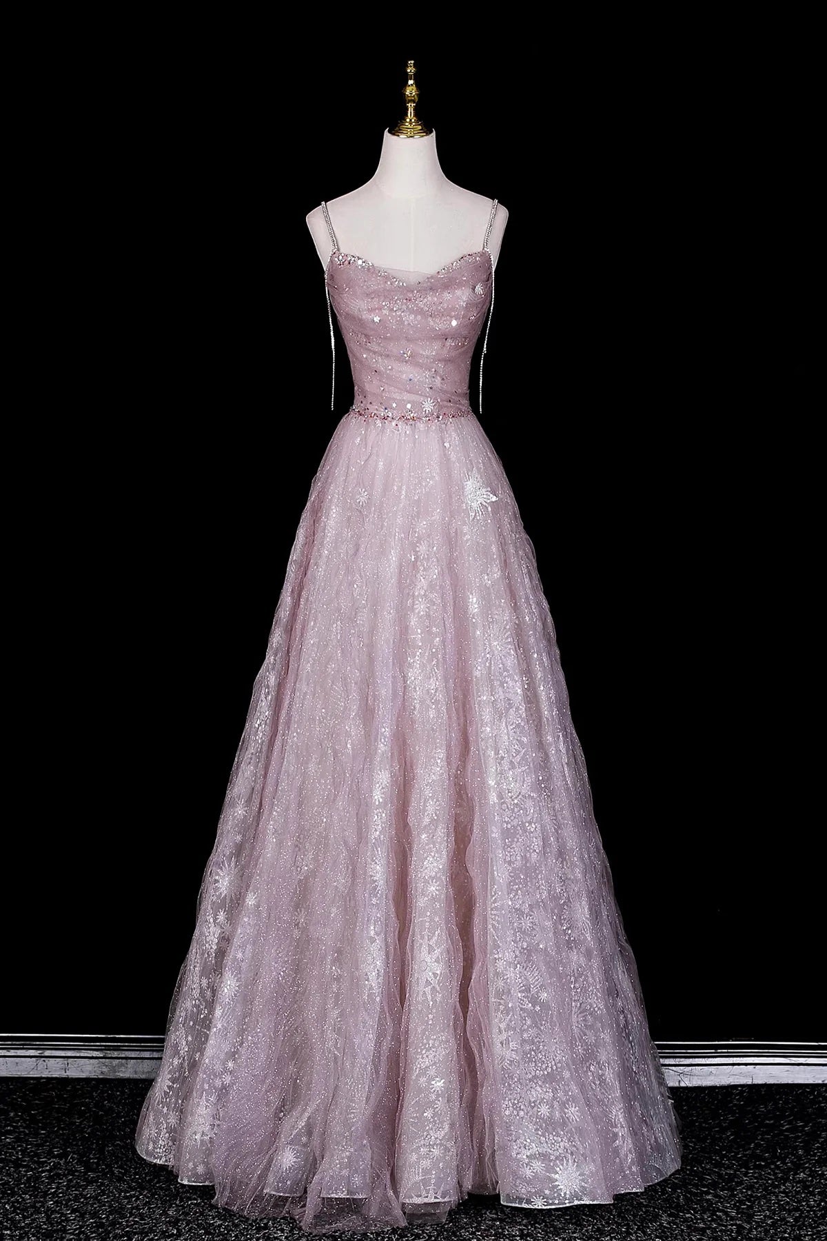 Dusty Pink Off-the-Shoulder Prom Dress, Glitter Tulle Evening Gown with Sheer Cape