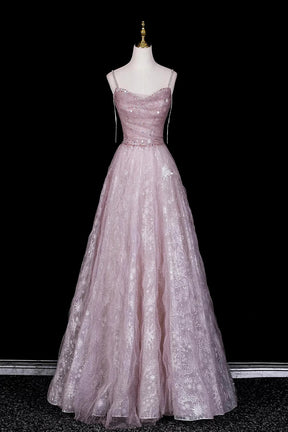 Dusty Pink Off-the-Shoulder Prom Dress, Glitter Tulle Evening Gown with Sheer Cape