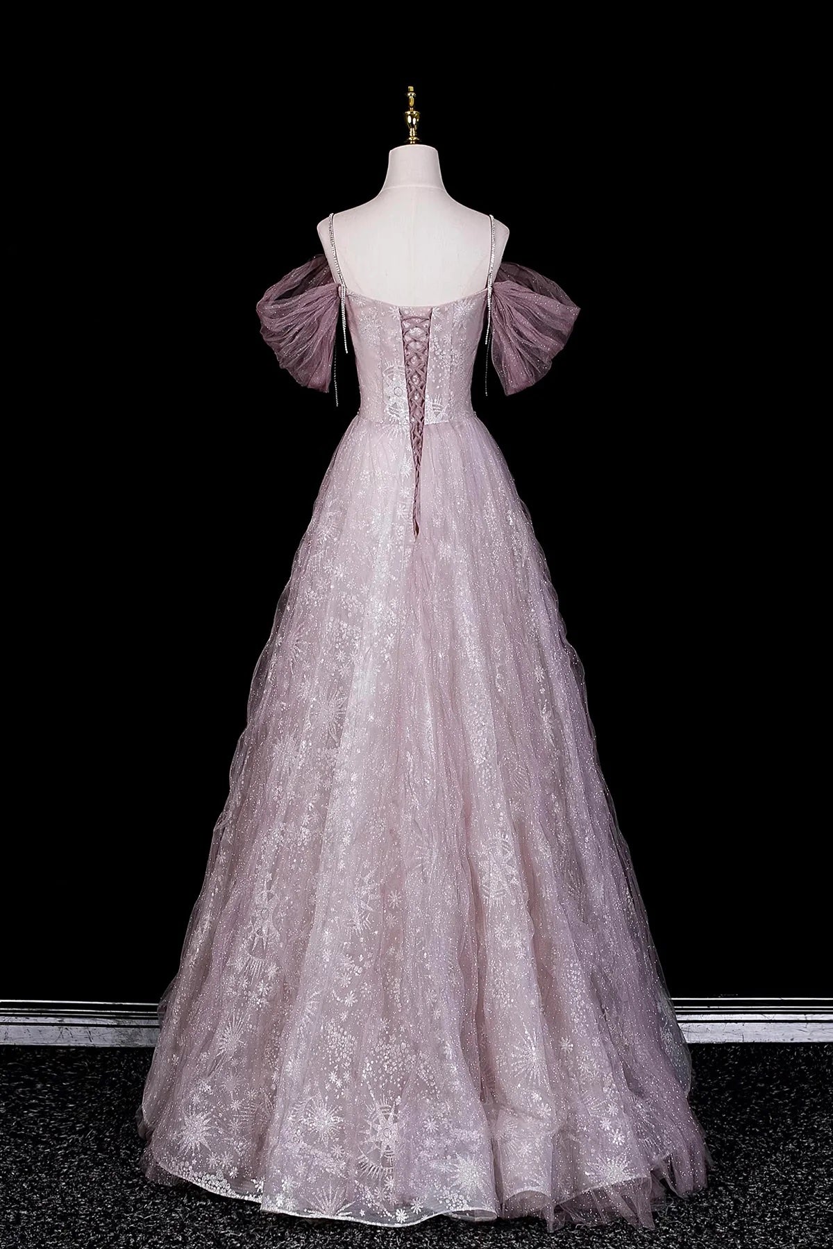 Dusty Pink Off-the-Shoulder Prom Dress, Glitter Tulle Evening Gown with Sheer Cape