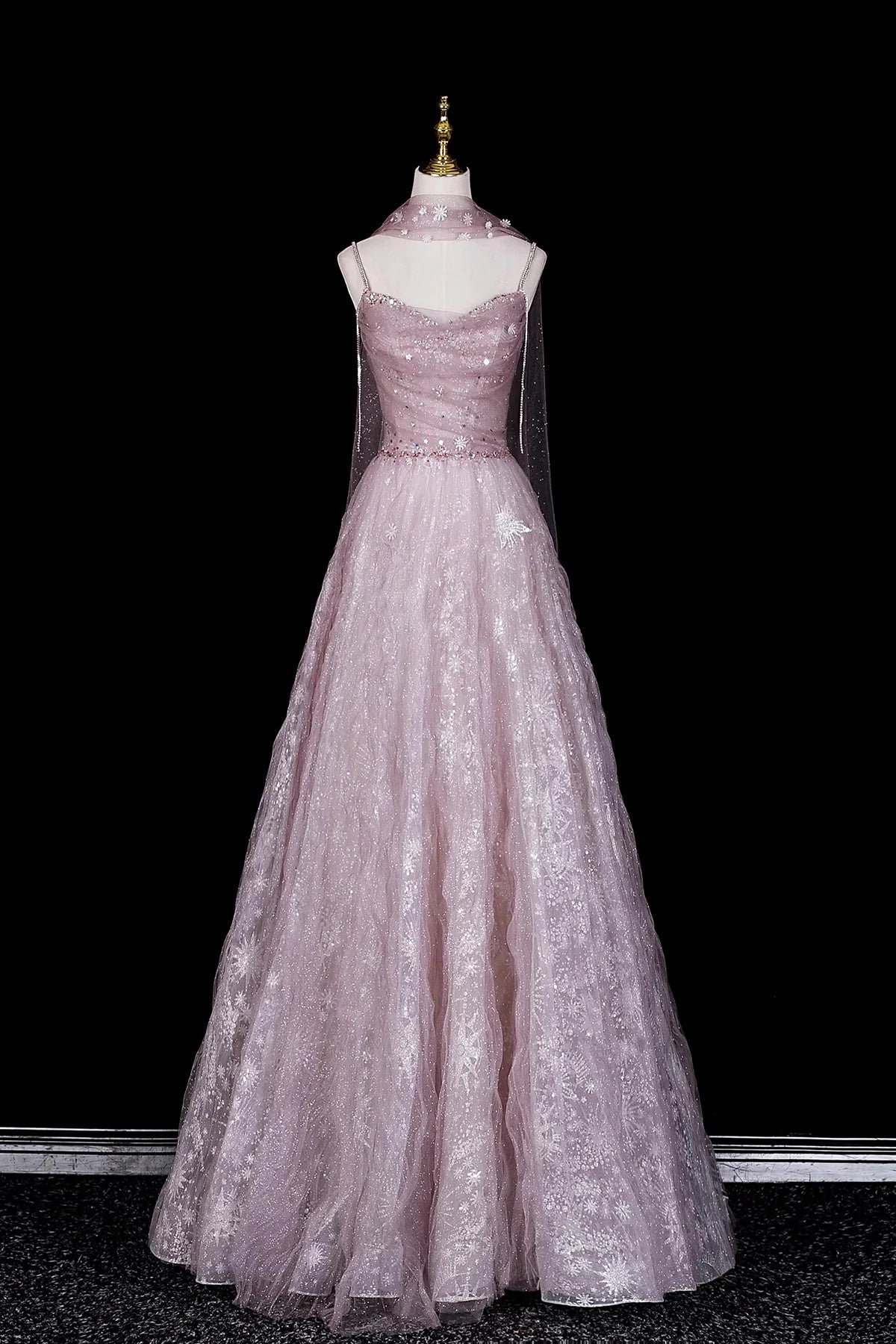 Dusty Pink Off-the-Shoulder Prom Dress, Glitter Tulle Evening Gown with Sheer Cape