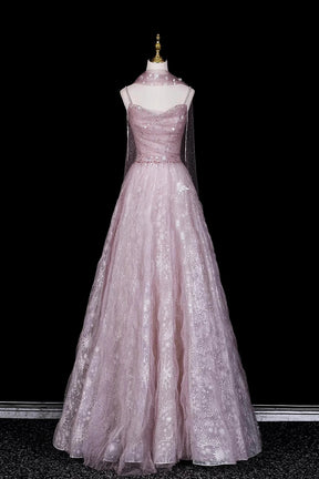 Dusty Pink Off-the-Shoulder Prom Dress, Glitter Tulle Evening Gown with Sheer Cape