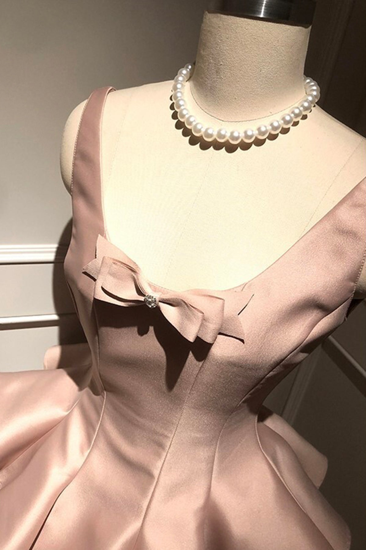 Pink Satin Bow Short Party Dress with Tulle Ruffle Layered Skirt