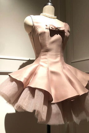 Pink Satin Bow Short Party Dress with Tulle Ruffle Layered Skirt