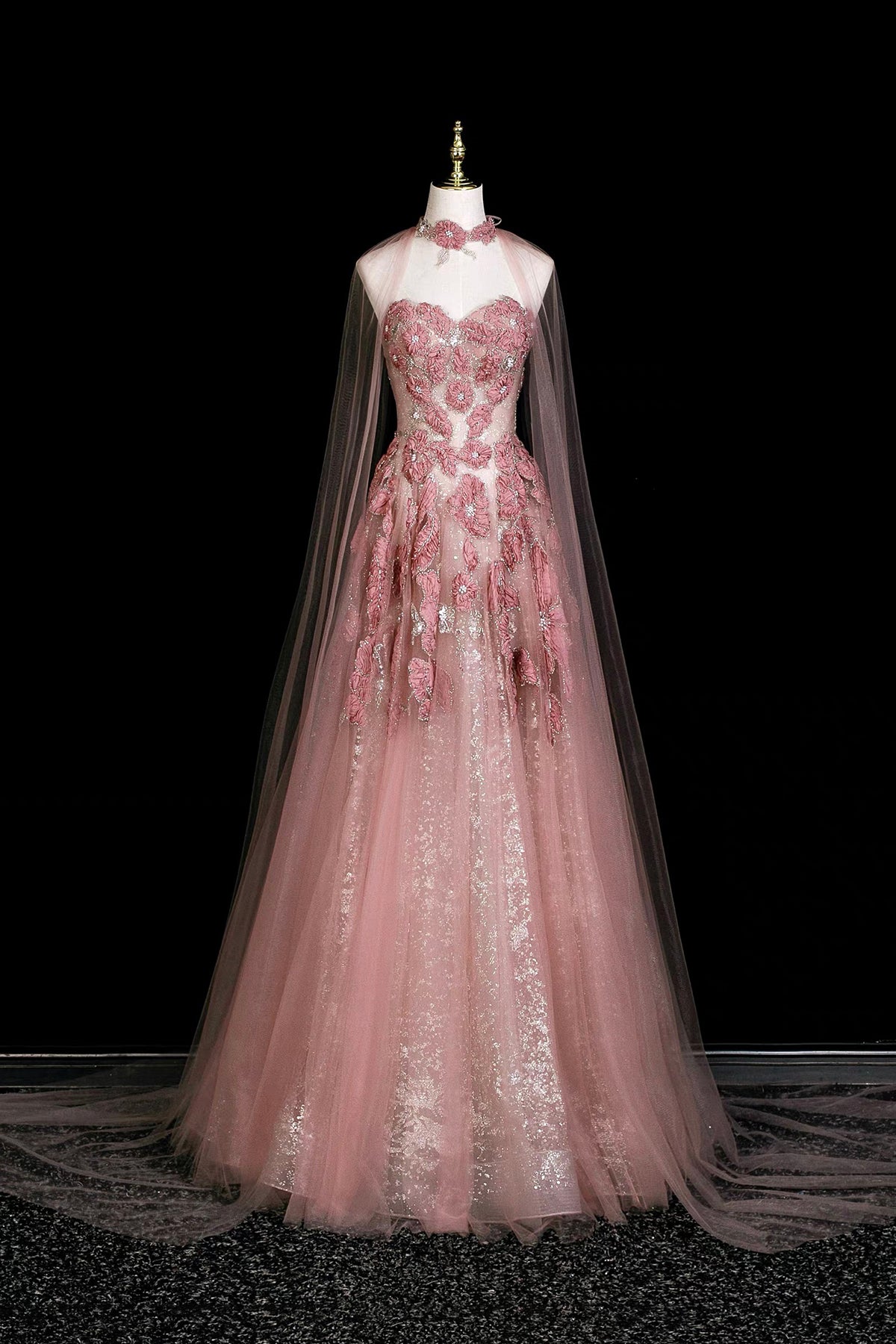 Dusty Pink 3D Floral Halter Sheer Tulle Long Evening Gown With Cape