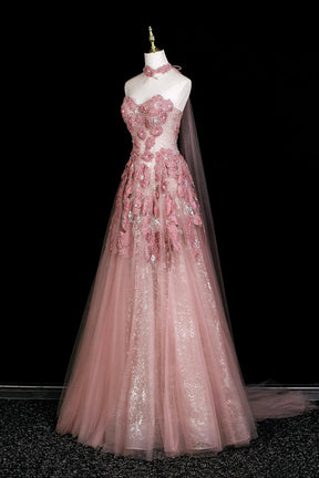 Dusty Pink 3D Floral Halter Sheer Tulle Long Evening Gown With Cape