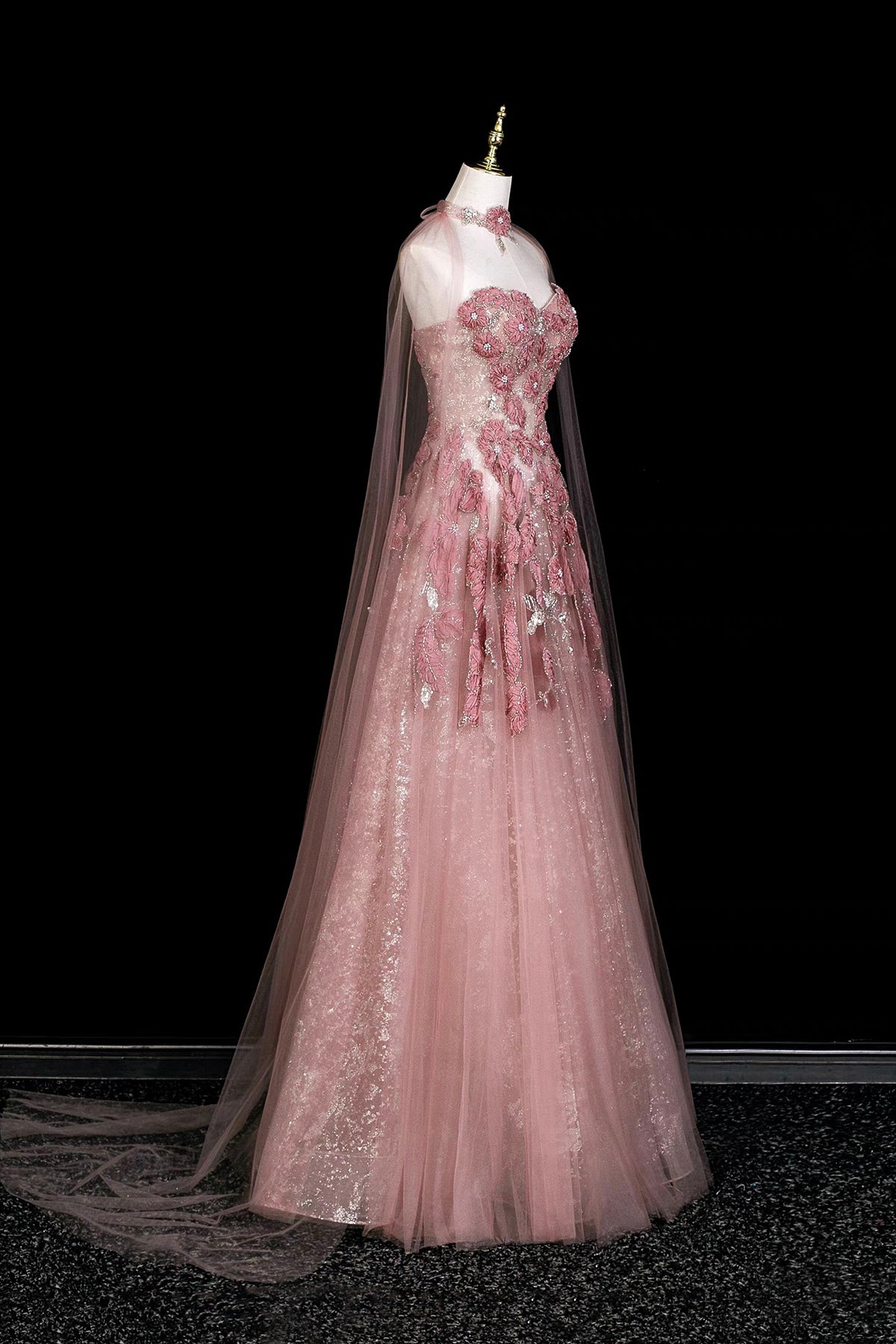 Dusty Pink 3D Floral Halter Sheer Tulle Long Evening Gown With Cape