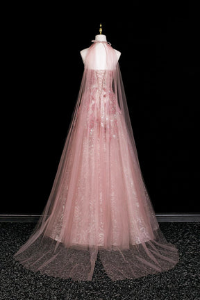 Dusty Pink 3D Floral Halter Sheer Tulle Long Evening Gown With Cape