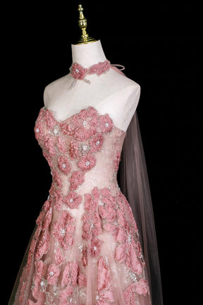 Dusty Pink 3D Floral Halter Sheer Tulle Long Evening Gown With Cape