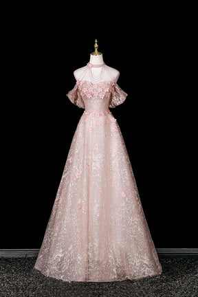 Pink Halter Off‑Shoulder 3D Floral Glitter Tulle Evening Gown