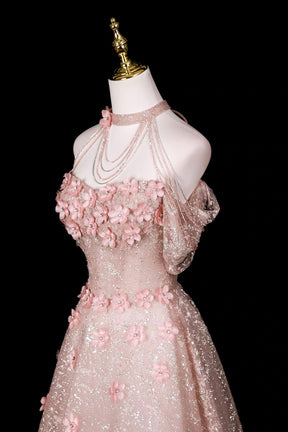 Pink Halter Off‑Shoulder 3D Floral Glitter Tulle Evening Gown