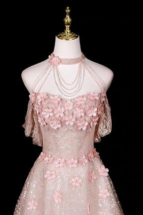 Pink Halter Off‑Shoulder 3D Floral Glitter Tulle Evening Gown