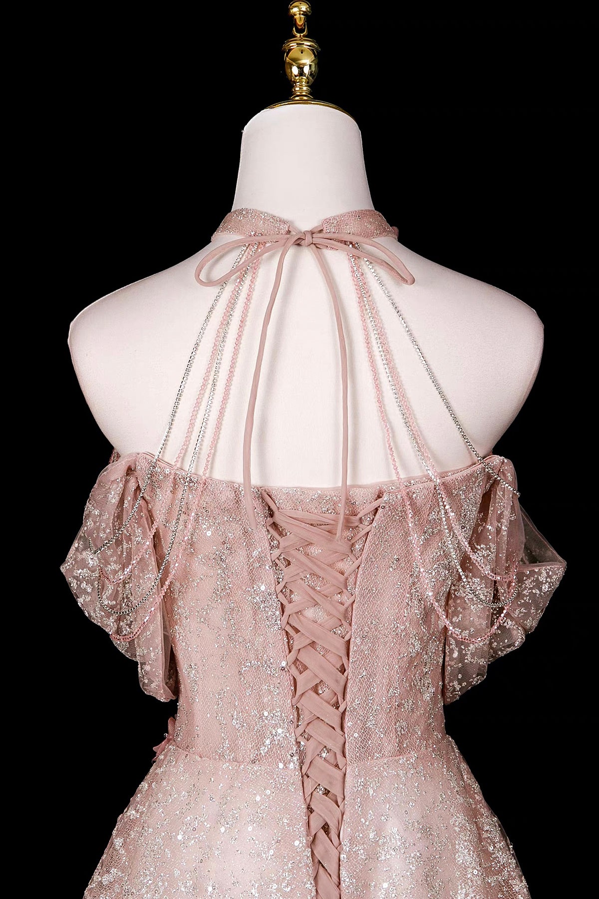 Pink Halter Off‑Shoulder 3D Floral Glitter Tulle Evening Gown