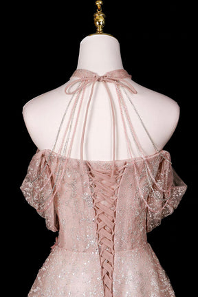 Pink Halter Off‑Shoulder 3D Floral Glitter Tulle Evening Gown