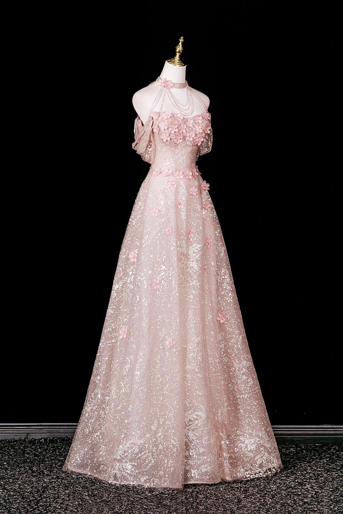 Pink Halter Off‑Shoulder 3D Floral Glitter Tulle Evening Gown
