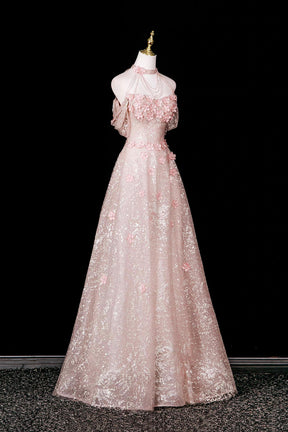 Pink Halter Off‑Shoulder 3D Floral Glitter Tulle Evening Gown