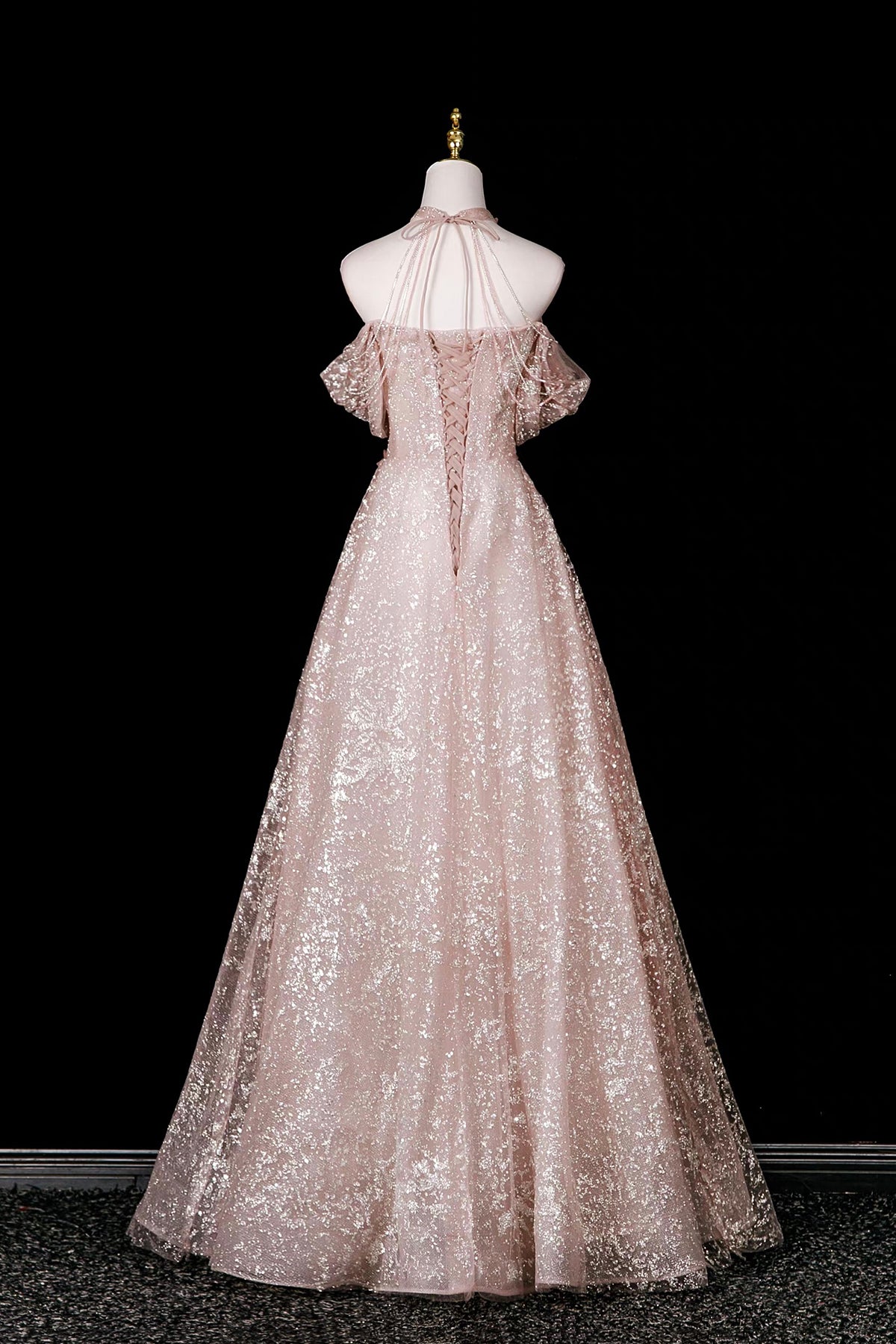 Pink Halter Off‑Shoulder 3D Floral Glitter Tulle Evening Gown