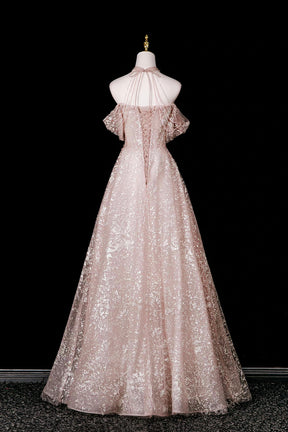 Pink Halter Off‑Shoulder 3D Floral Glitter Tulle Evening Gown