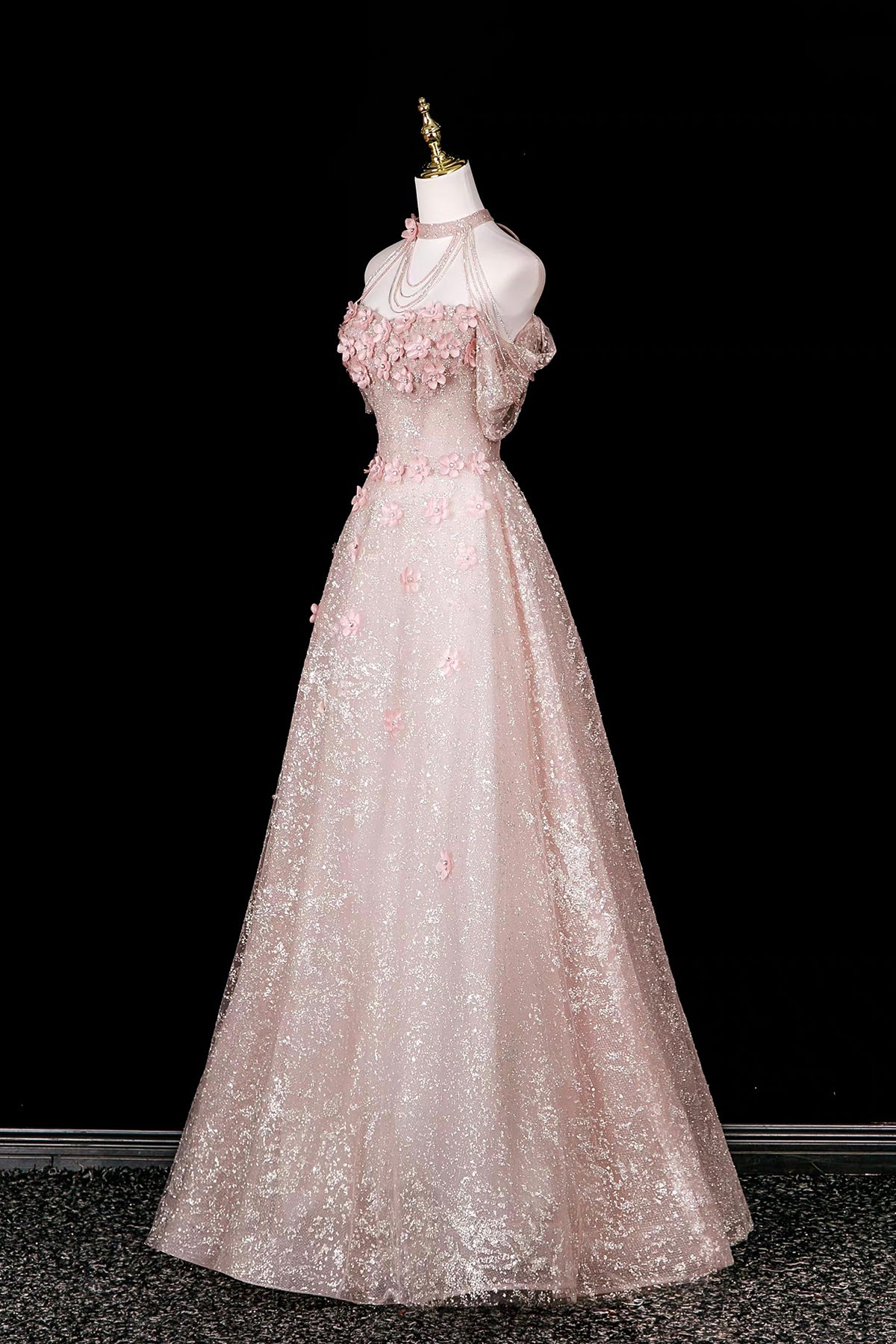 Pink Halter Off‑Shoulder 3D Floral Glitter Tulle Evening Gown