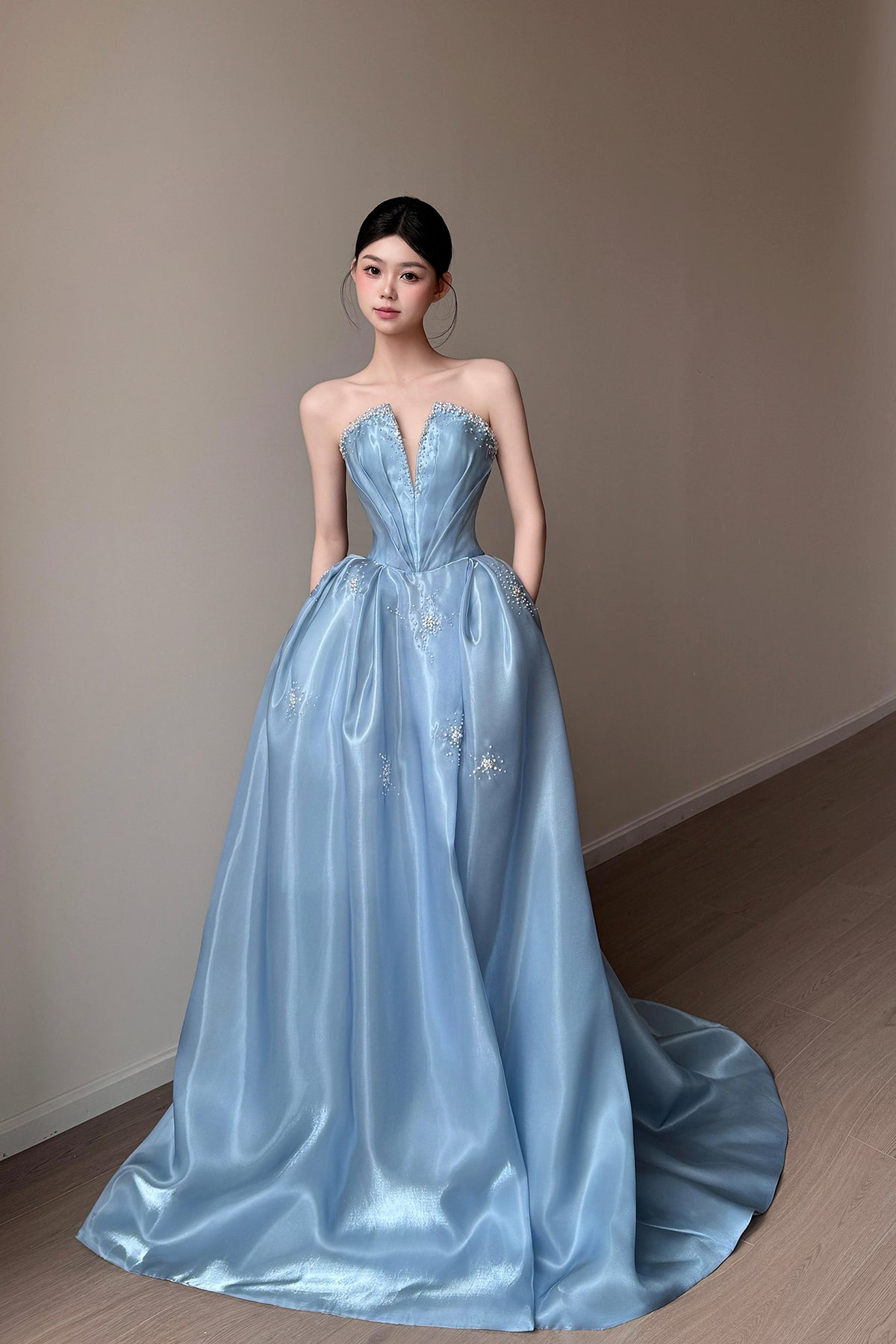Sky Blue Strapless Beaded Satin Evening Gown High Slit Formal Prom Dress