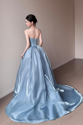 Sky Blue Strapless Beaded Satin Evening Gown High Slit Formal Prom Dress