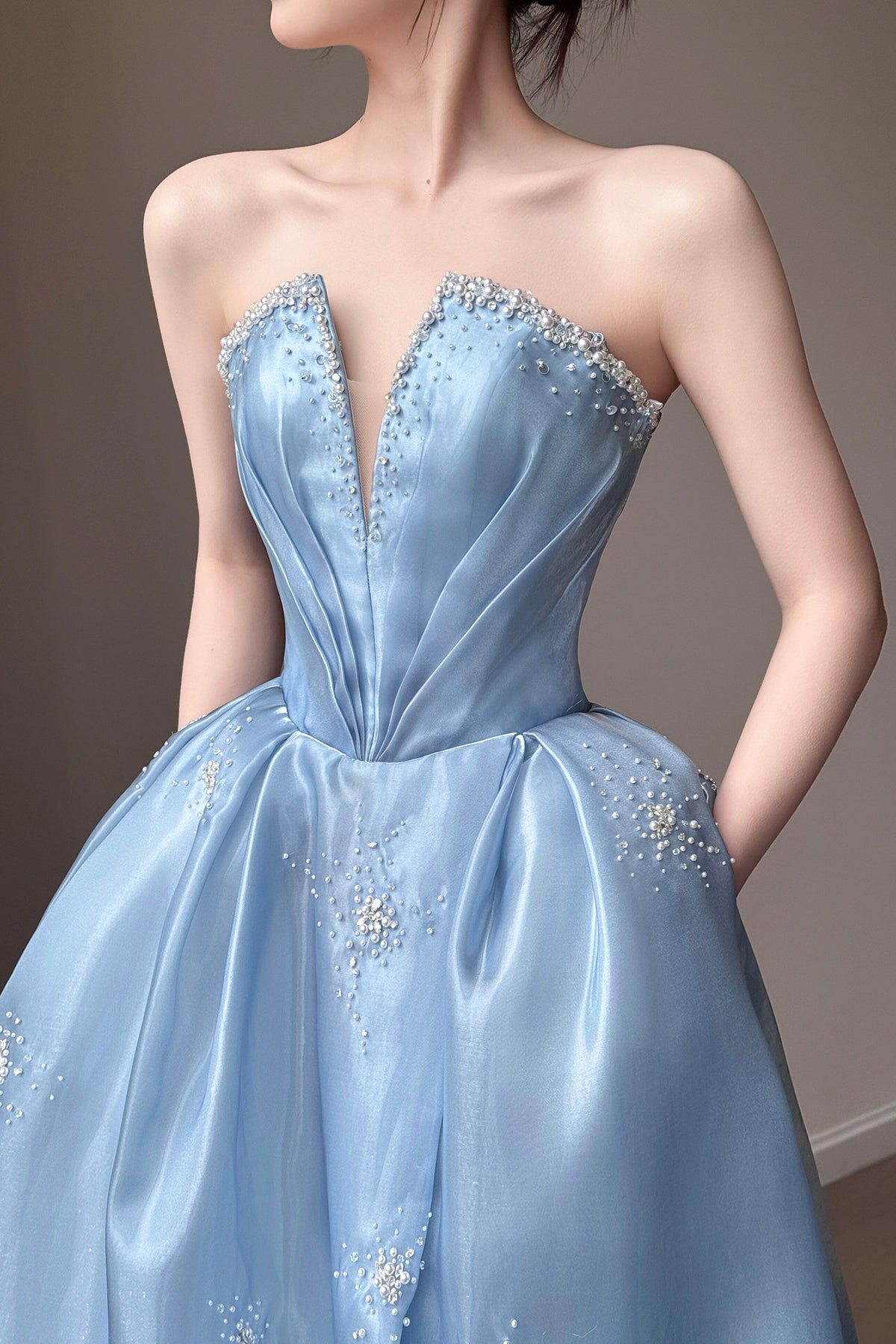 Sky Blue Strapless Beaded Satin Evening Gown High Slit Formal Prom Dress