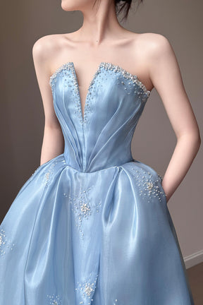 Sky Blue Strapless Beaded Satin Evening Gown High Slit Formal Prom Dress